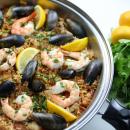 spanish, paella, rice, seafood, chicken, shrimp, mussels, lemon